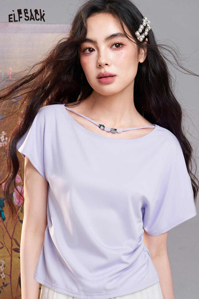 ELFSACK Cowl Neck Ruched Slim Fit T-shirt
