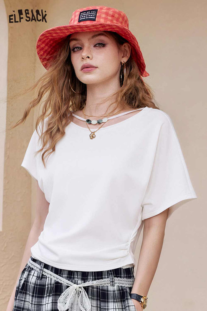 ELFSACK Cowl Neck Ruched Slim Fit T-shirt