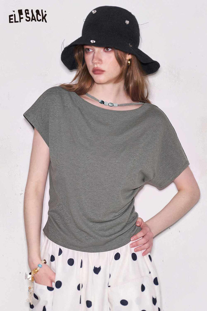 ELFSACK Cowl Neck Ruched Slim Fit T-shirt