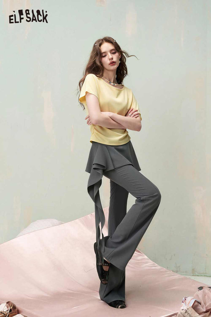 ELFSACK Cowl Neck Ruched Slim Fit T-shirt
