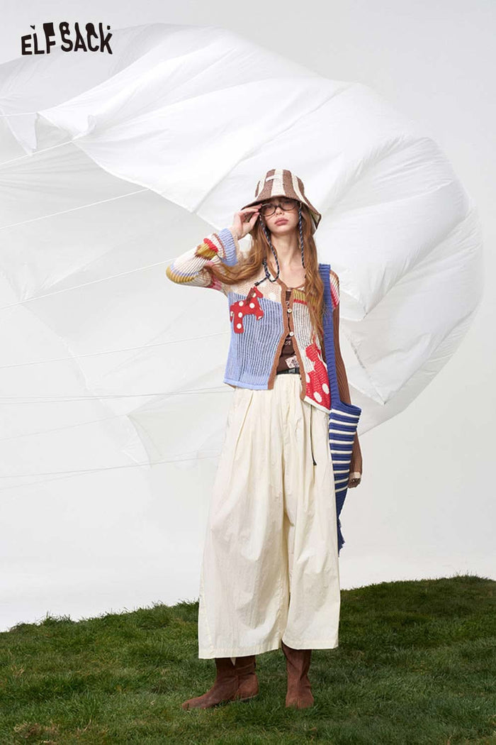 ELFSACK Cream Pleated Wide Leg Pants