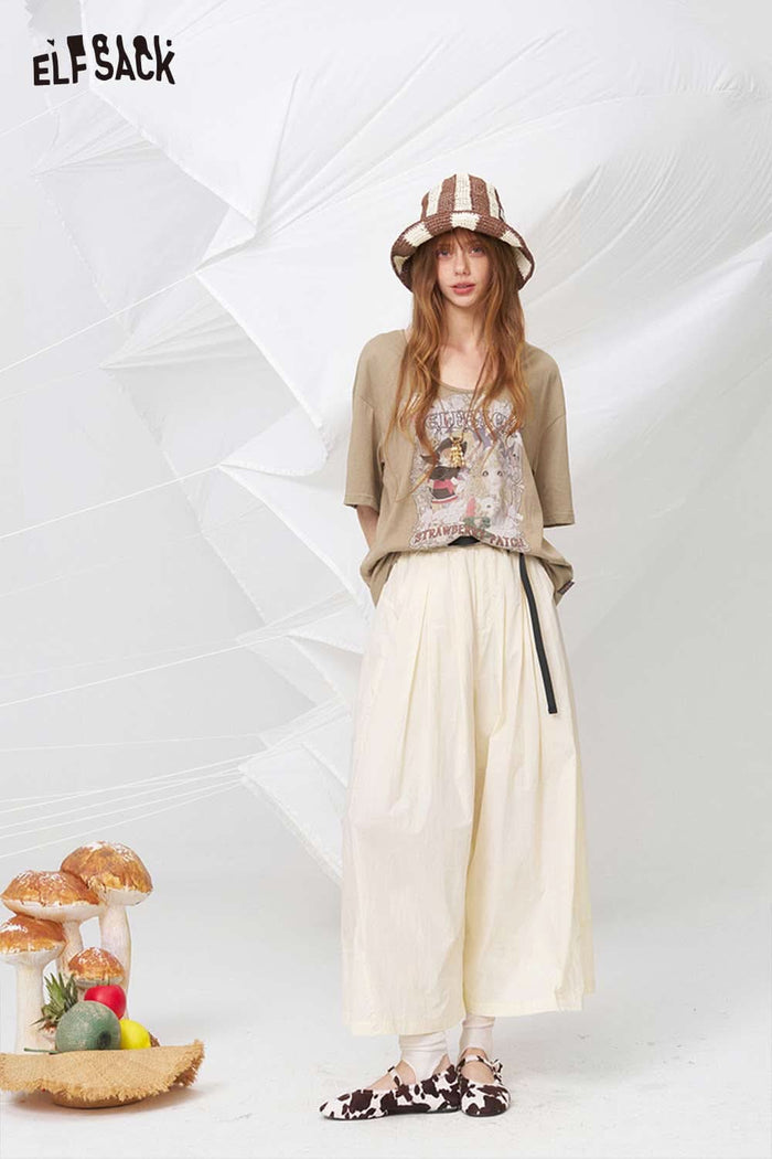 ELFSACK Cream Pleated Wide Leg Pants