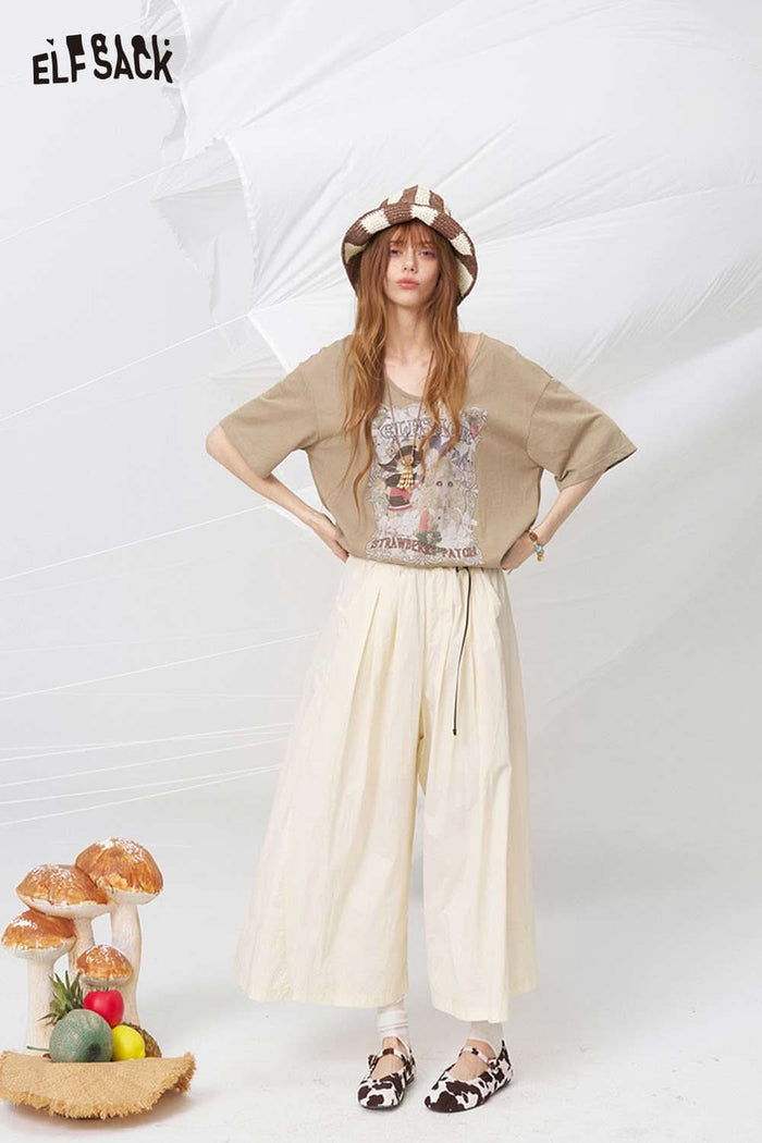 ELFSACK Cream Pleated Wide Leg Pants