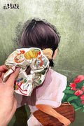 ELFSACK Cream Satin Scrunchie With Embroidered Animal Vegetable Patterns