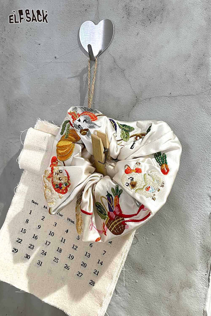 ELFSACK Cream Satin Scrunchie With Embroidered Animal Vegetable Patterns