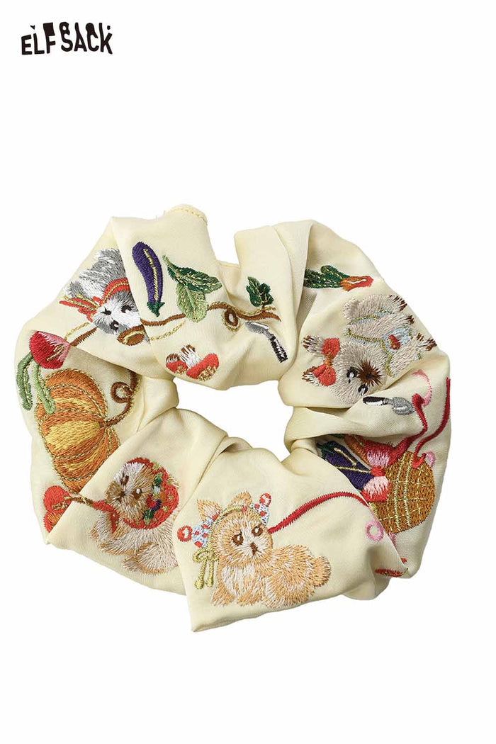 ELFSACK Cream Satin Scrunchie With Embroidered Animal Vegetable Patterns
