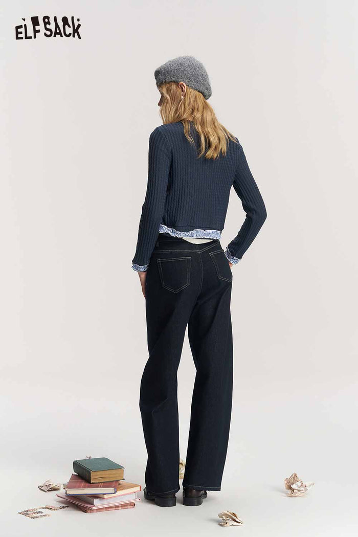 Crew Neck Knit Sweater with Contrast Letter Ruffle Trim