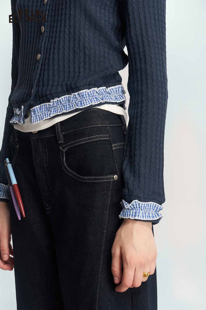Crew Neck Knit Sweater with Contrast Letter Ruffle Trim