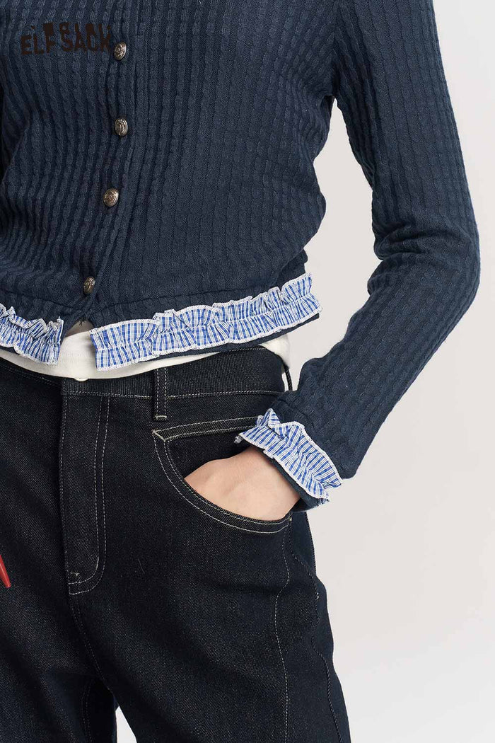 Crew Neck Knit Sweater with Contrast Letter Ruffle Trim