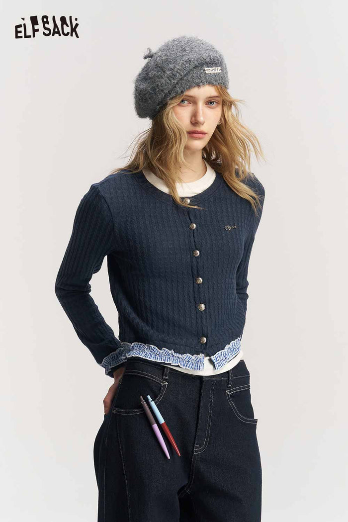 Crew Neck Knit Sweater with Contrast Letter Ruffle Trim