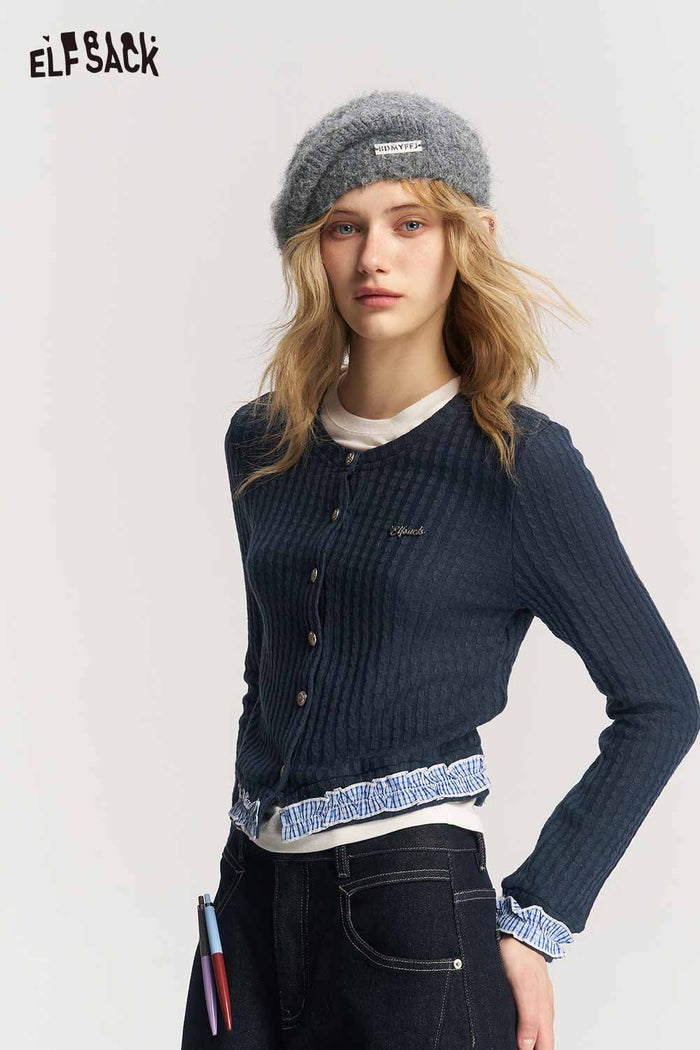 Crew Neck Knit Sweater with Contrast Letter Ruffle Trim