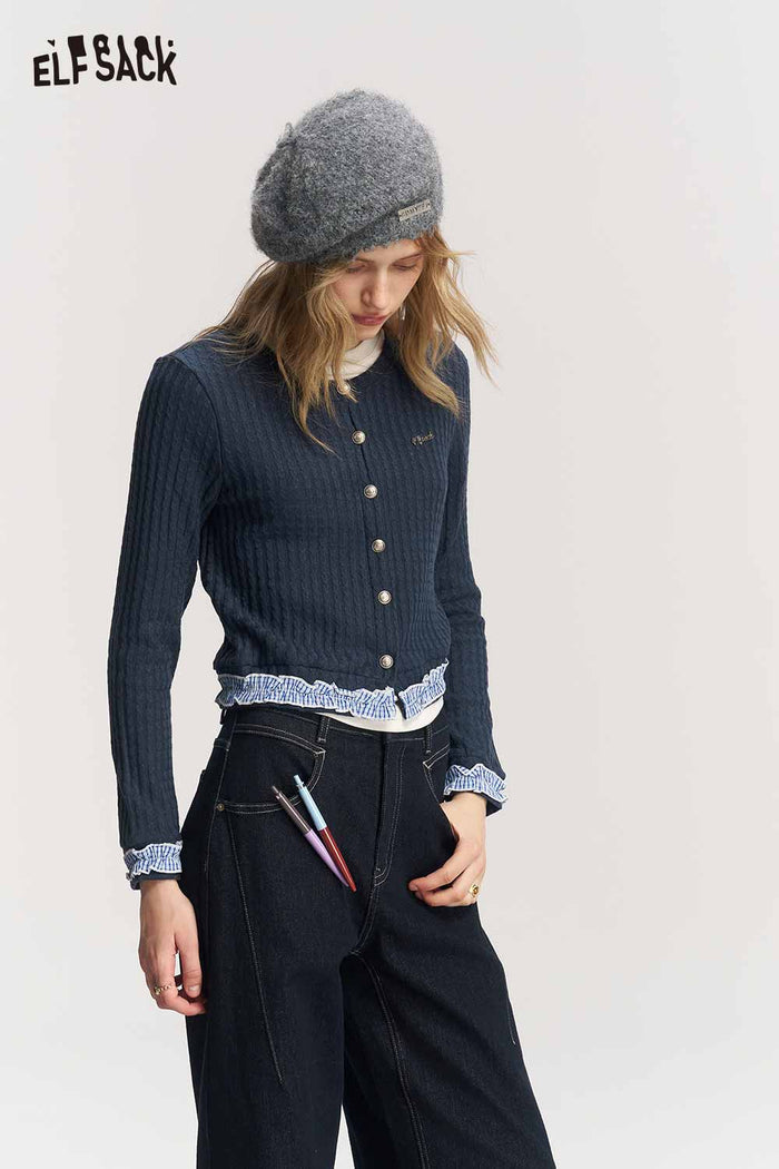 Crew Neck Knit Sweater with Contrast Letter Ruffle Trim