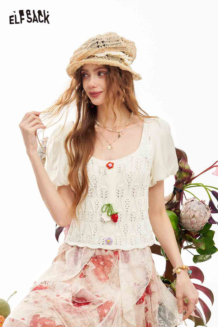 ELFSACK Crochet Flower Lantern Sleeve Top