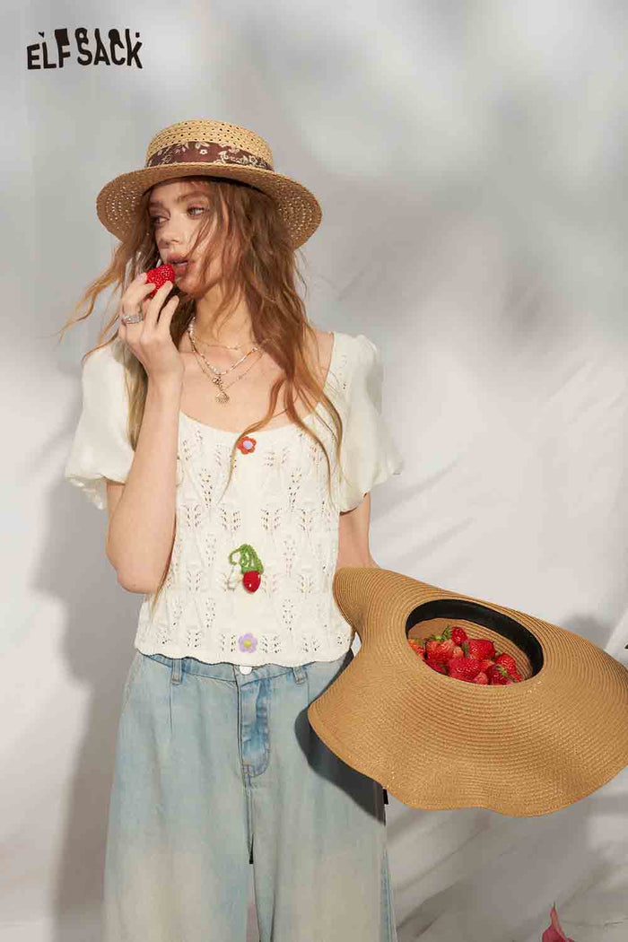 ELFSACK Crochet Flower Lantern Sleeve Top