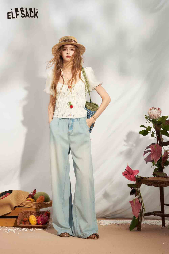 ELFSACK Crochet Flower Lantern Sleeve Top