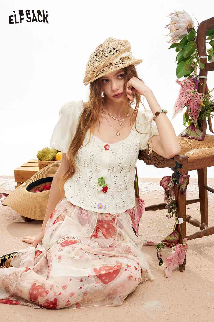 ELFSACK Crochet Flower Lantern Sleeve Top