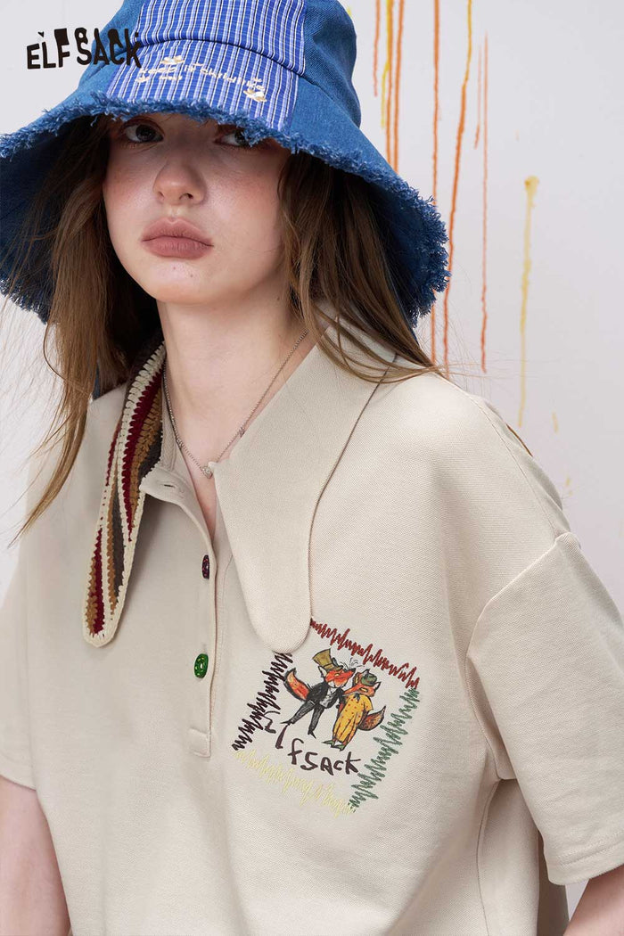ELFSACK Crochet Scarf Fox Embroidery Polo Tee