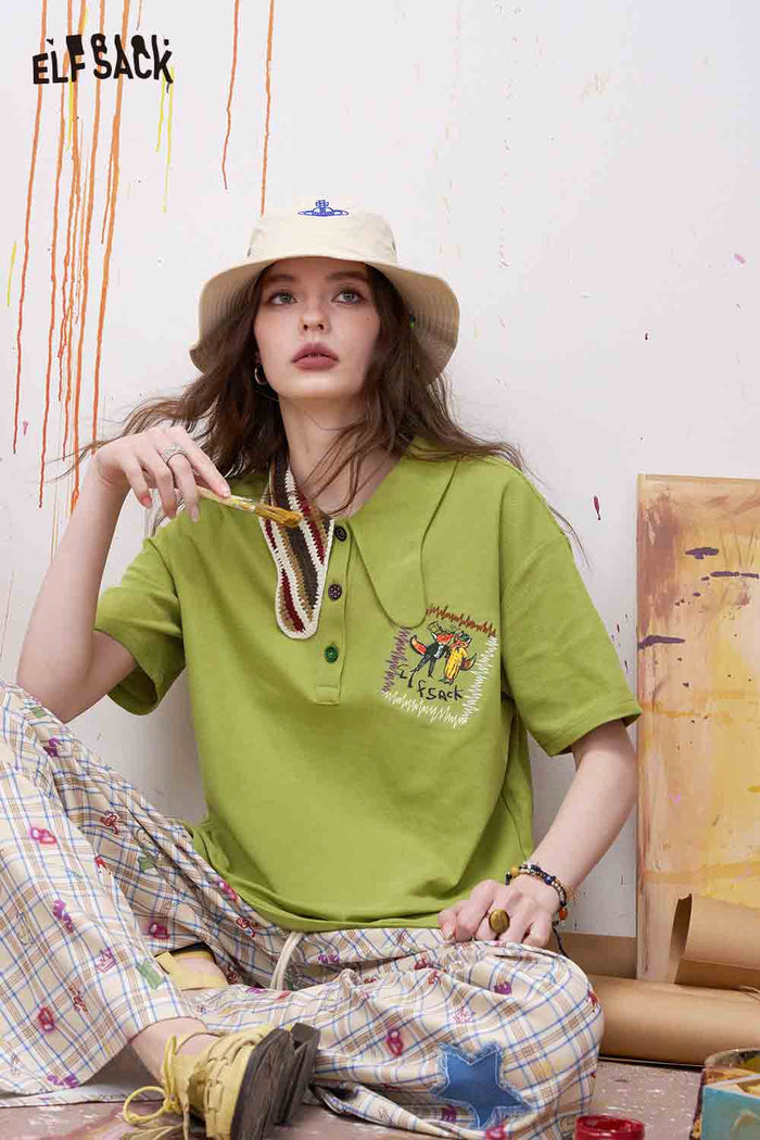 ELFSACK Crochet Scarf Fox Embroidery Polo Tee