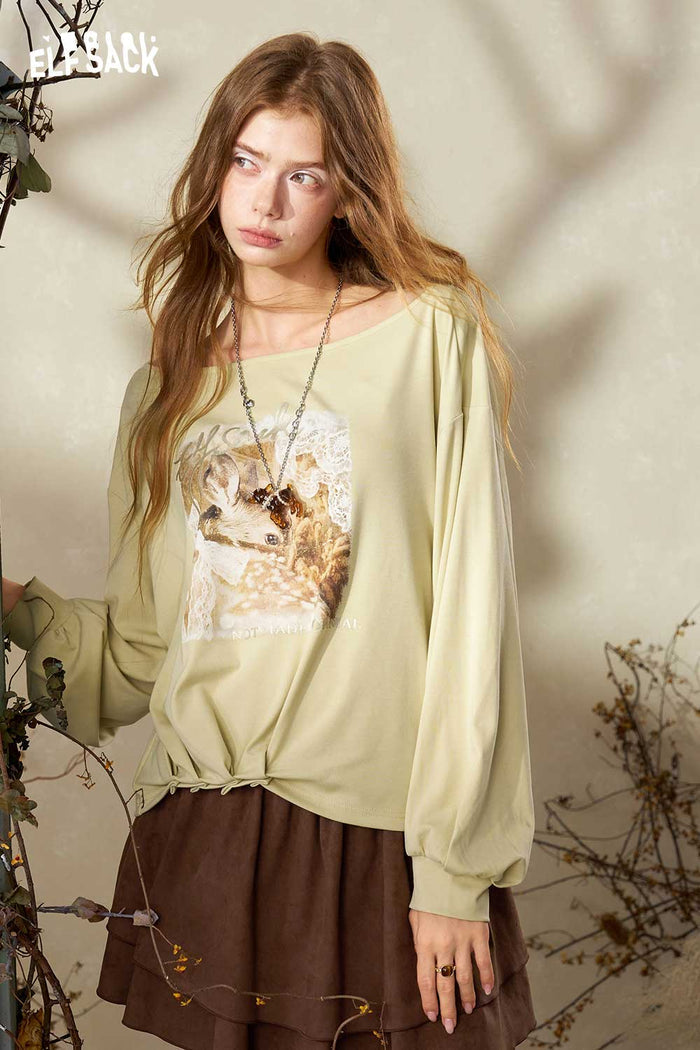 Crop Deer Graphic Lace Long Sleeve Sweatshirt