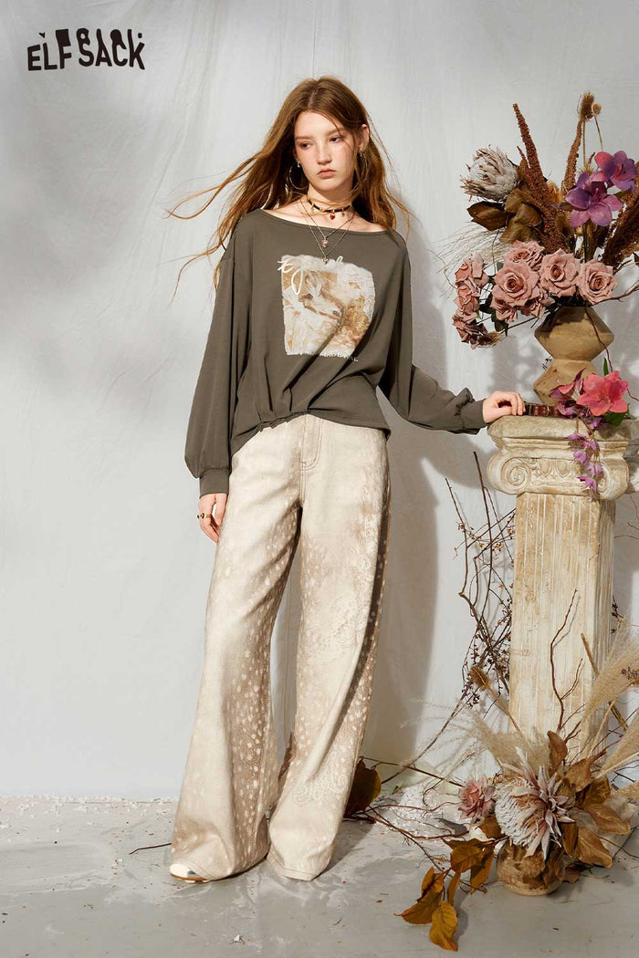 Crop Deer Graphic Lace Long Sleeve Sweatshirt