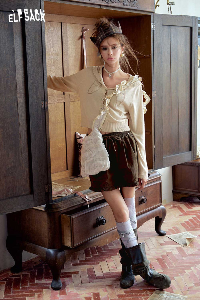 Cropped Bow Print Sailor Collar Cardigan