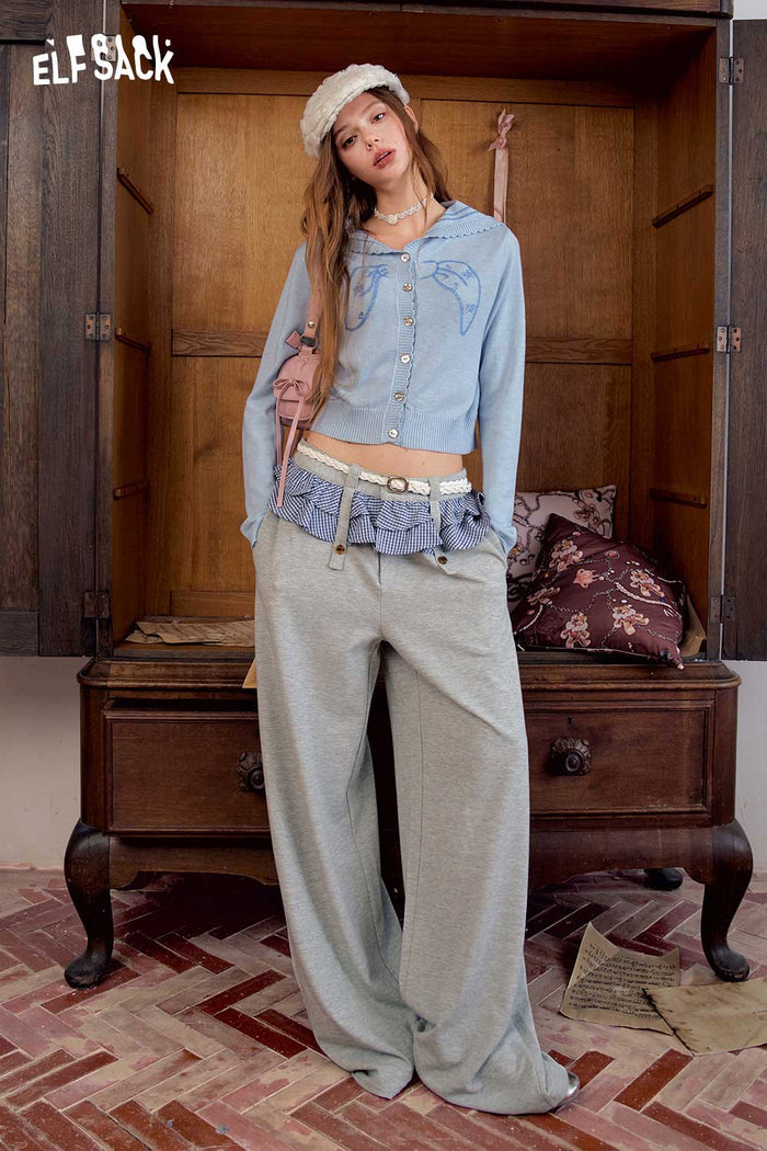 Cropped Bow Print Sailor Collar Cardigan