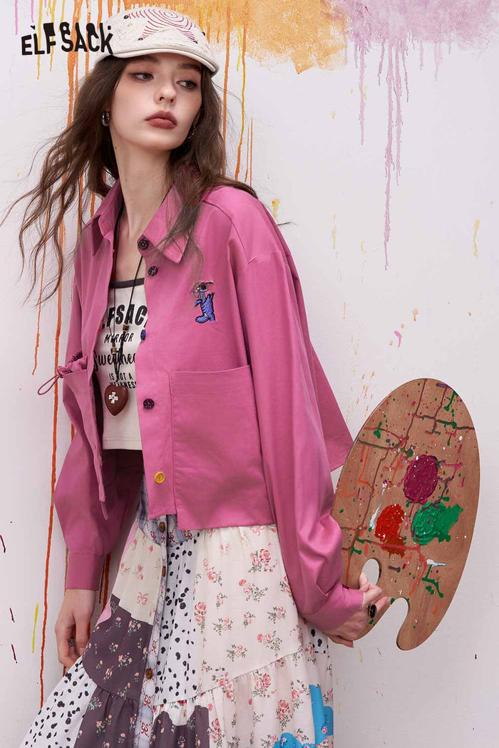 ELFSACK Cropped Button Down Shirt with Utility Flap Pockets