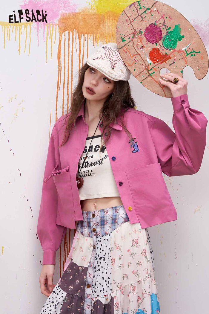 ELFSACK Cropped Button Down Shirt with Utility Flap Pockets