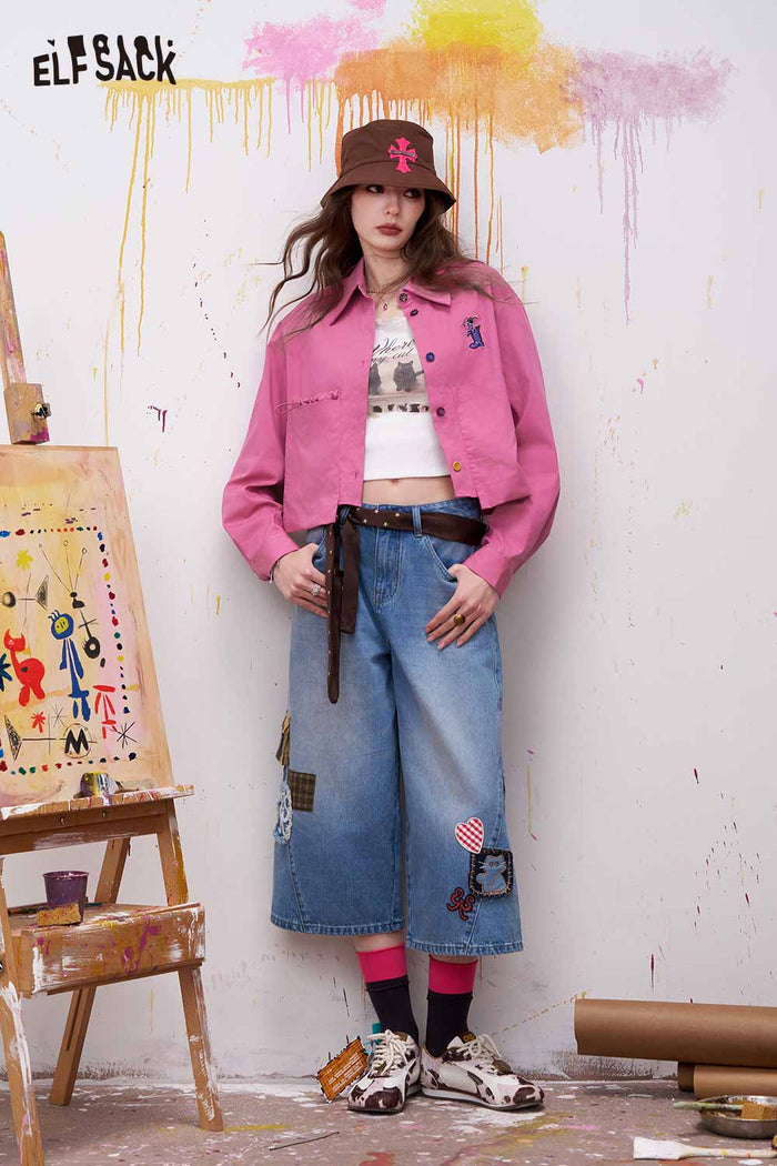 ELFSACK Cropped Button Down Shirt with Utility Flap Pockets