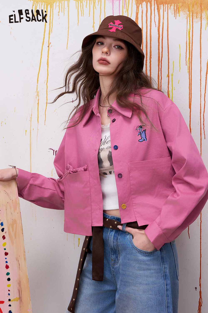 ELFSACK Cropped Button Down Shirt with Utility Flap Pockets