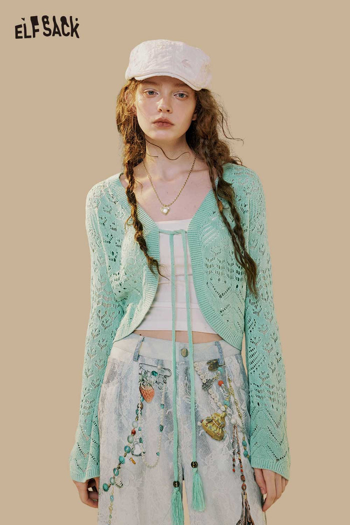 ELFSACK Cropped Flare Sleeve Knit Cardigan