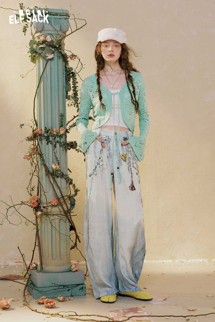 ELFSACK Cropped Flare Sleeve Knit Cardigan