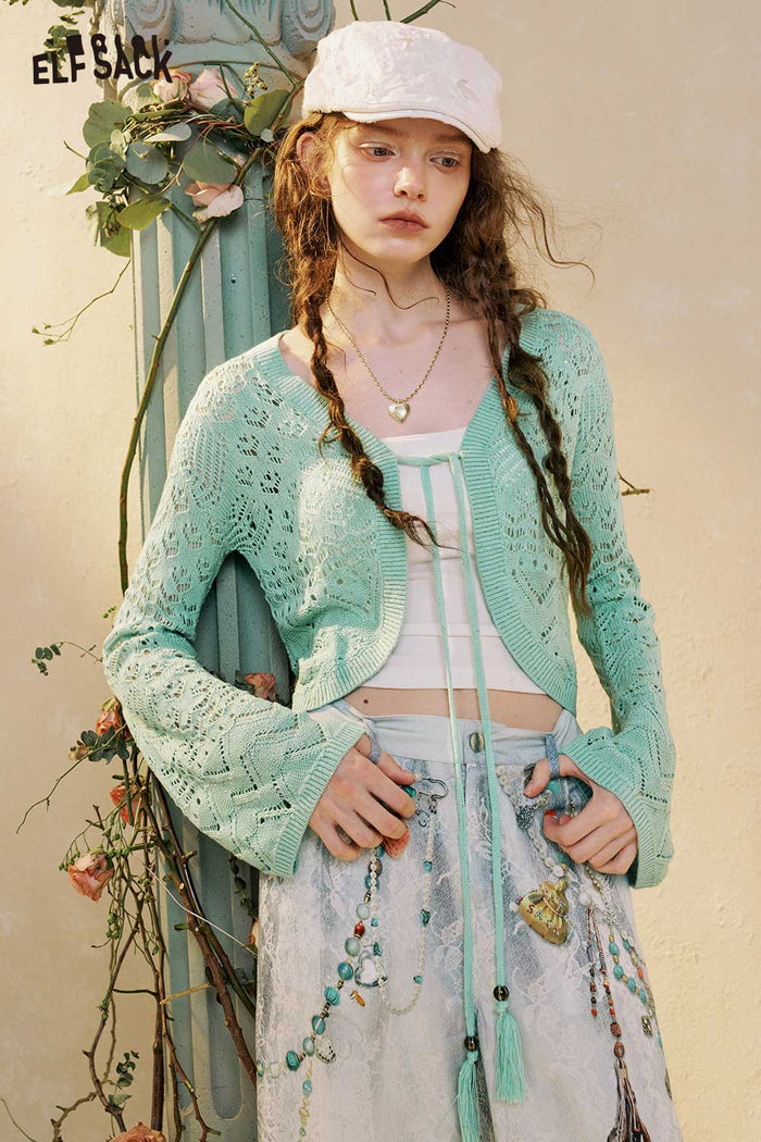 ELFSACK Cropped Flare Sleeve Knit Cardigan