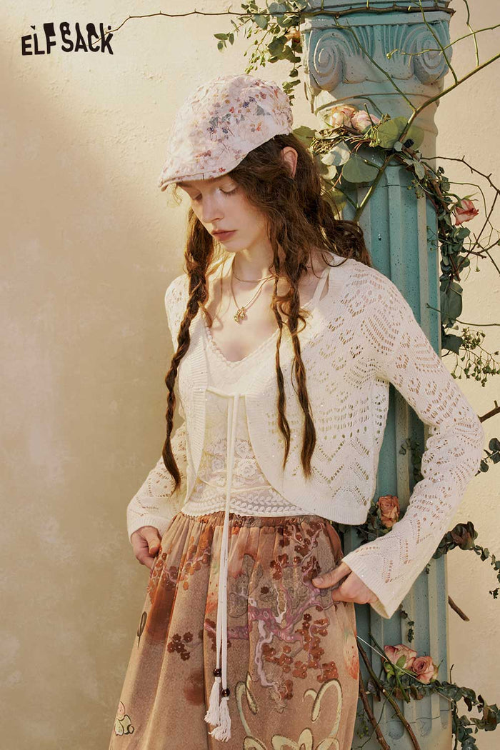 ELFSACK Cropped Flare Sleeve Knit Cardigan
