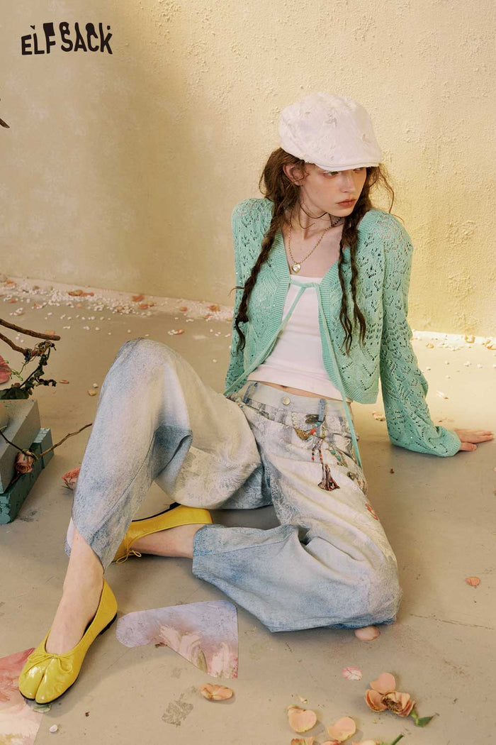 ELFSACK Cropped Flare Sleeve Knit Cardigan