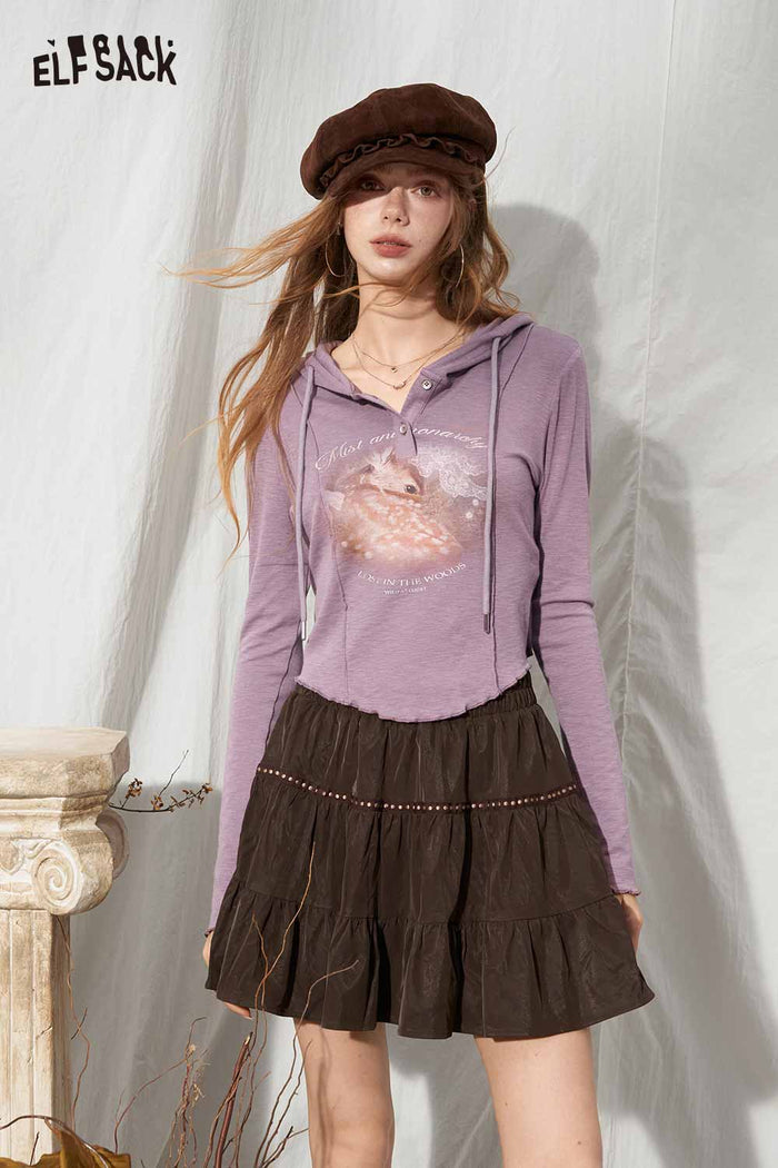 Cropped Hooded Deer Graphic Long Sleeve Tee