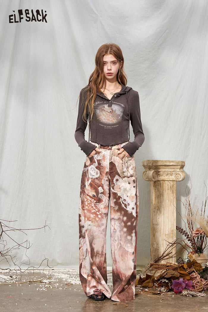 Cropped Hooded Deer Graphic Long Sleeve Tee