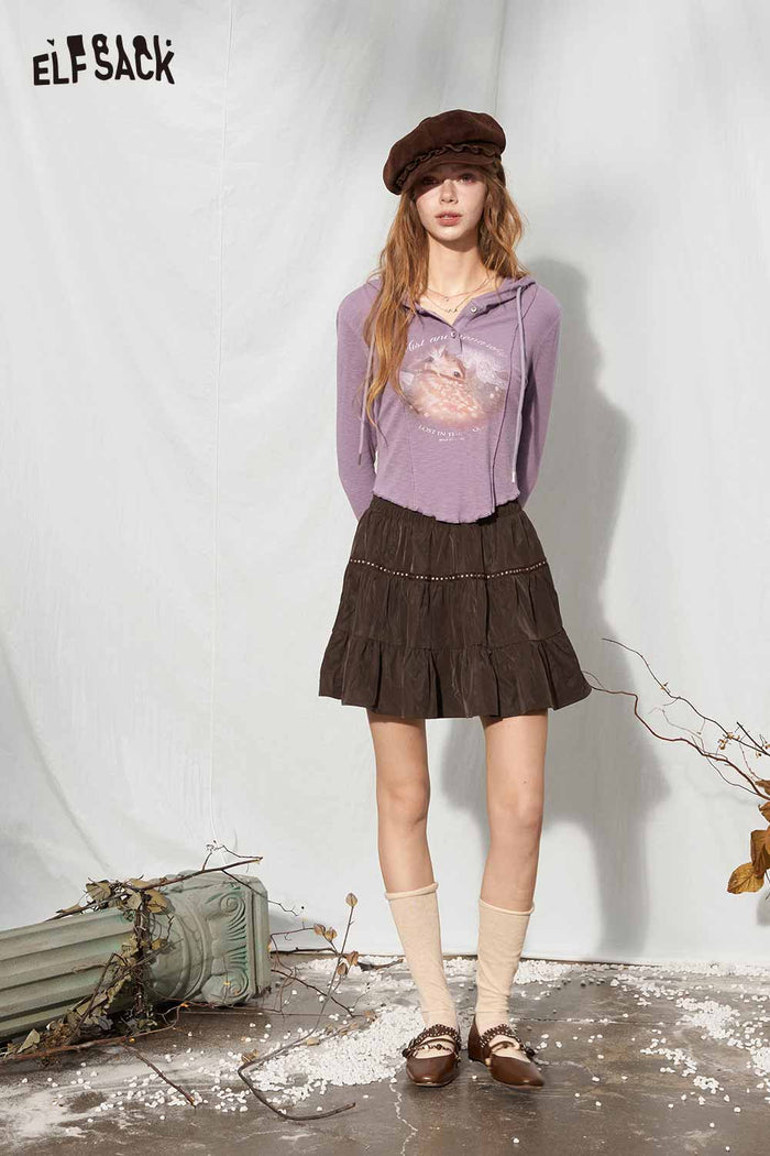 Cropped Hooded Deer Graphic Long Sleeve Tee