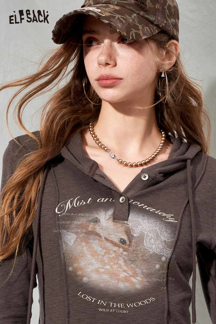 Cropped Hooded Deer Graphic Long Sleeve Tee