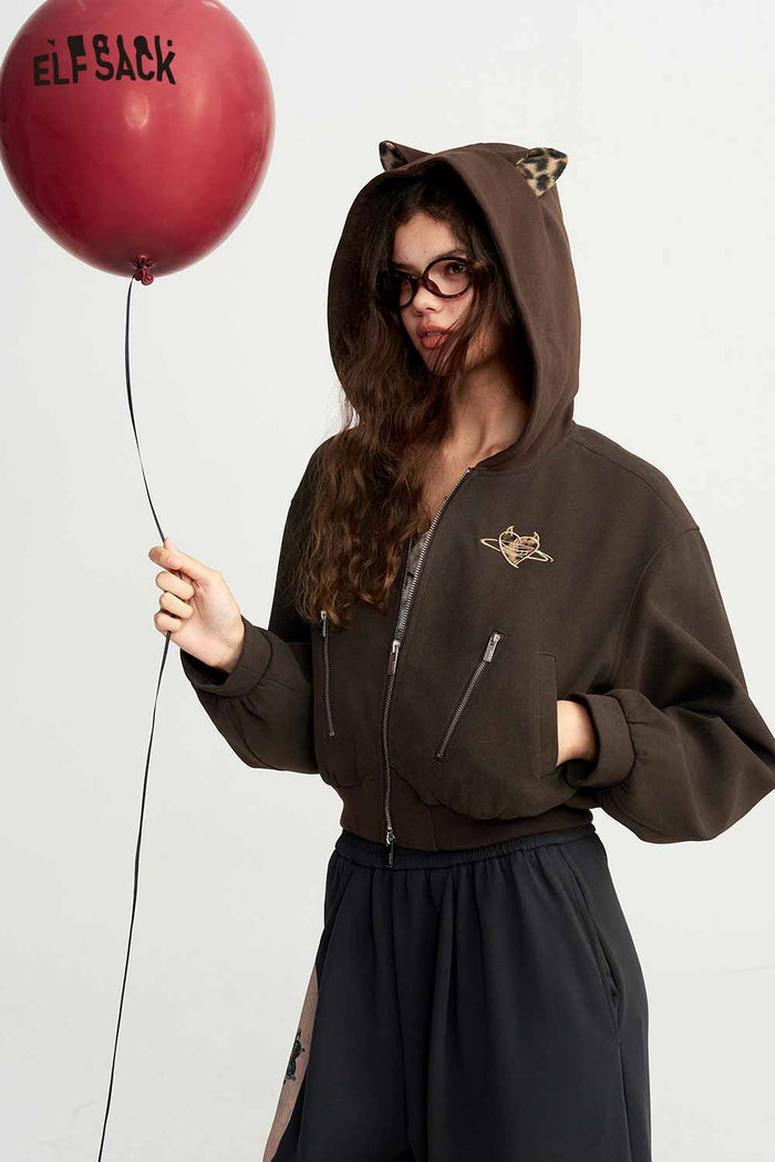 Cropped Hooded Zip Up Graphic Jacket