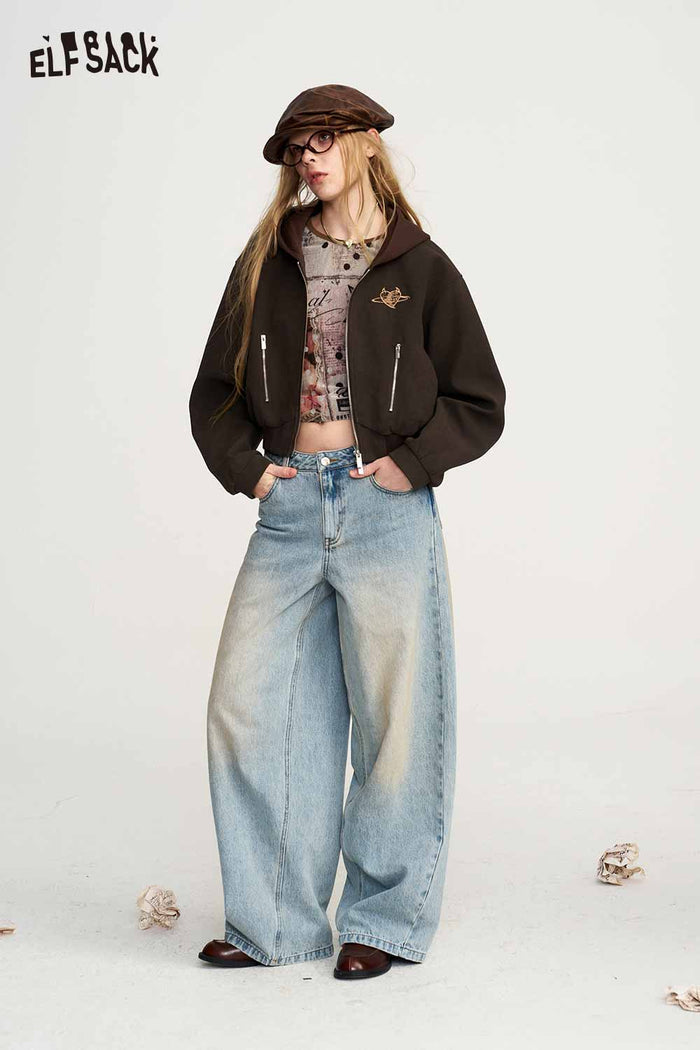 Cropped Hooded Zip Up Graphic Jacket