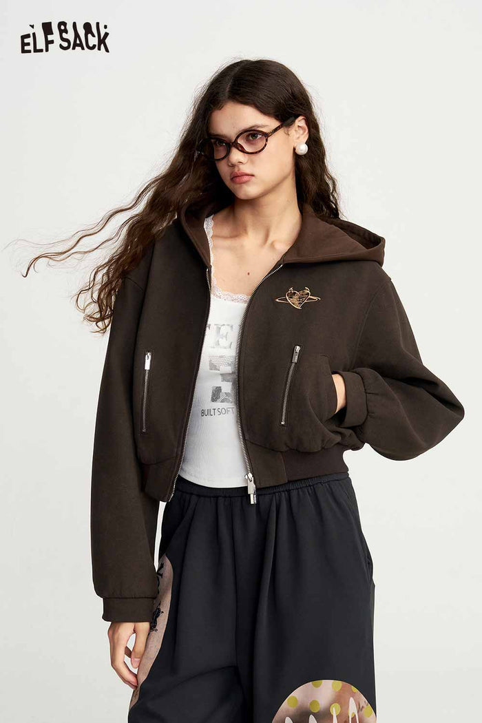 Cropped Hooded Zip Up Graphic Jacket