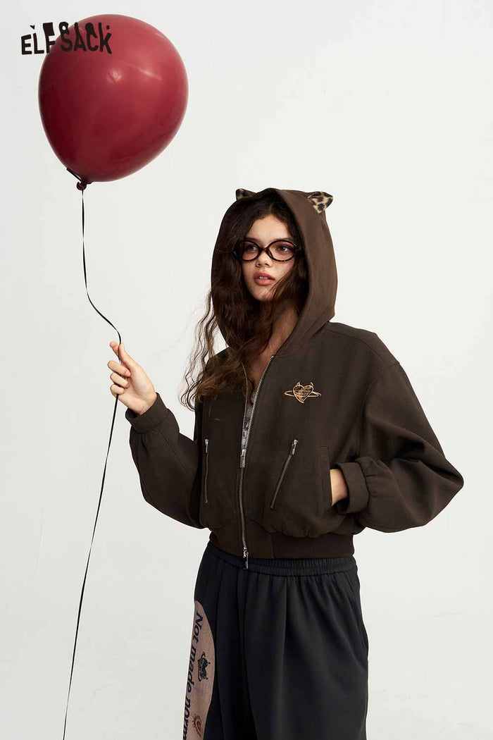 Cropped Hooded Zip Up Graphic Jacket