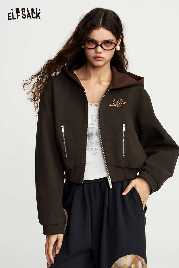 Cropped Hooded Zip Up Graphic Jacket