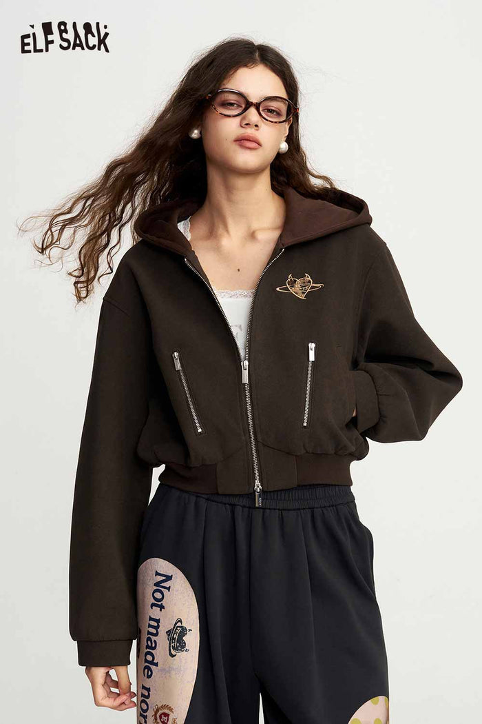Cropped Hooded Zip Up Graphic Jacket