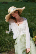 ELFSACK Cropped Lace Trim Knit Cardigan