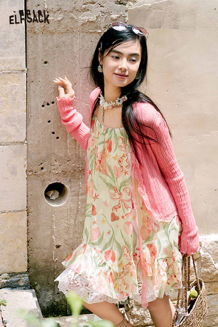 ELFSACK Cropped Lace Trim Knit Cardigan