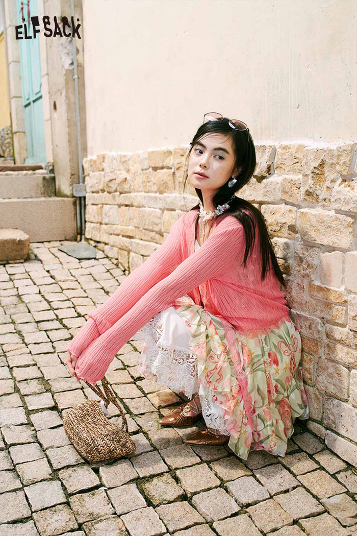 ELFSACK Cropped Lace Trim Knit Cardigan