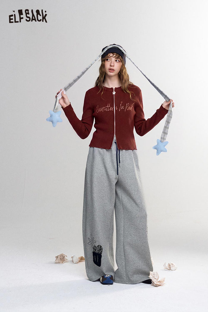Cropped Long Sleeve Zip Up Knit Cardigan with Letter Print