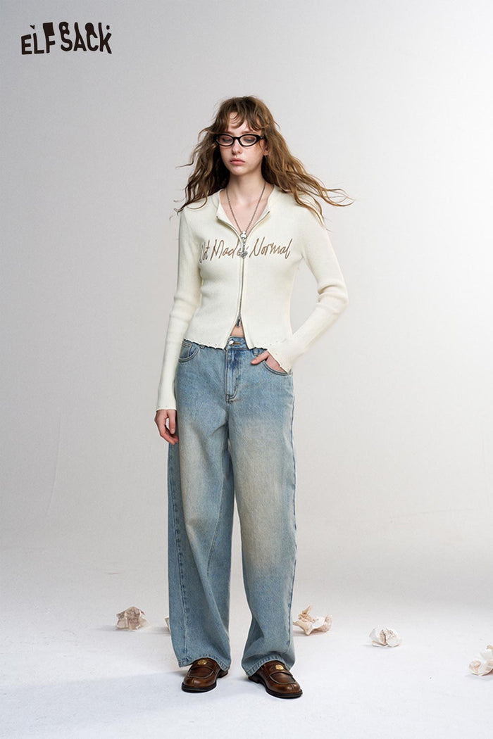 Cropped Long Sleeve Zip Up Knit Cardigan with Letter Print